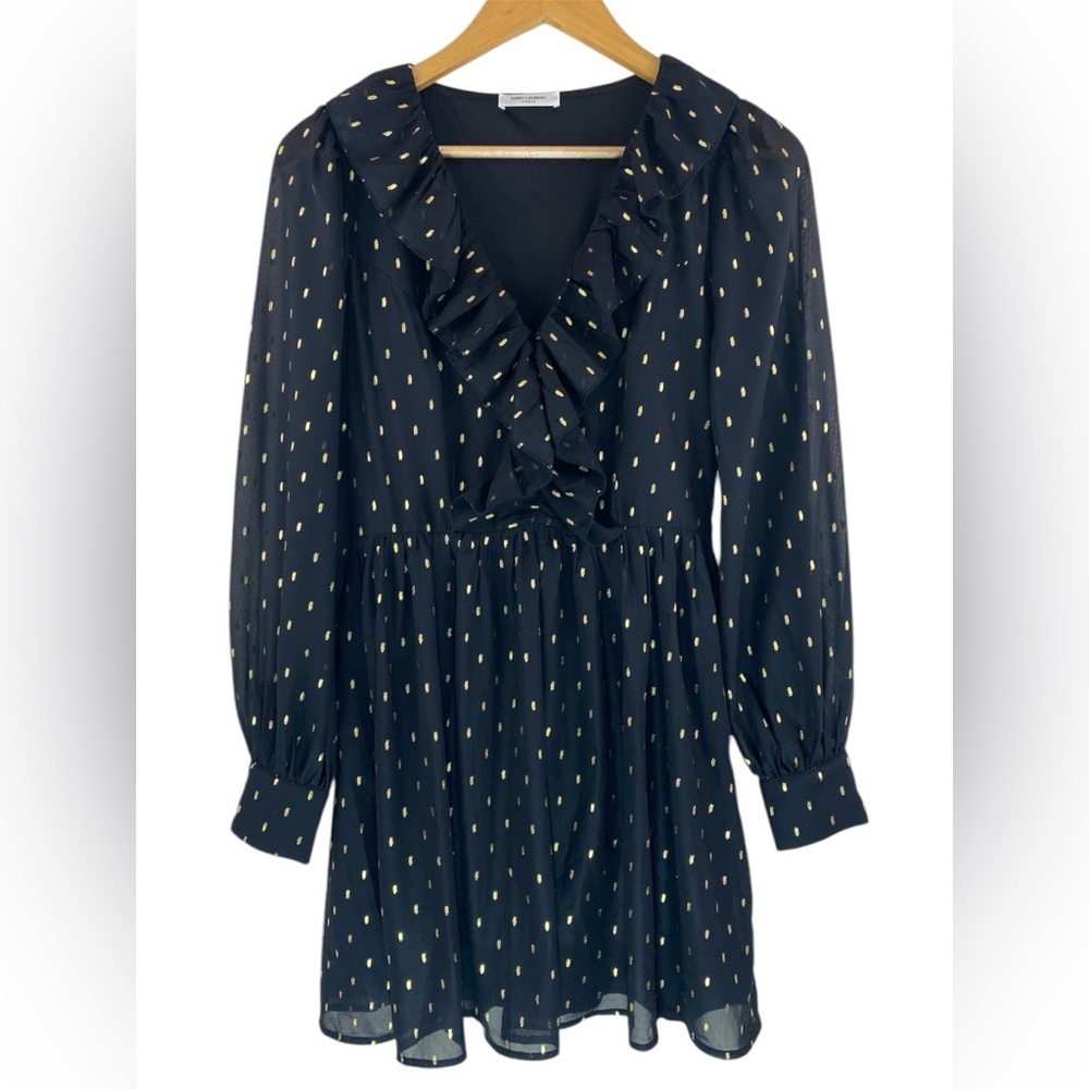 Saint Laurent Silk Blend Ruffle Mini Dress Black Gold Polka Dot Long Sleeve